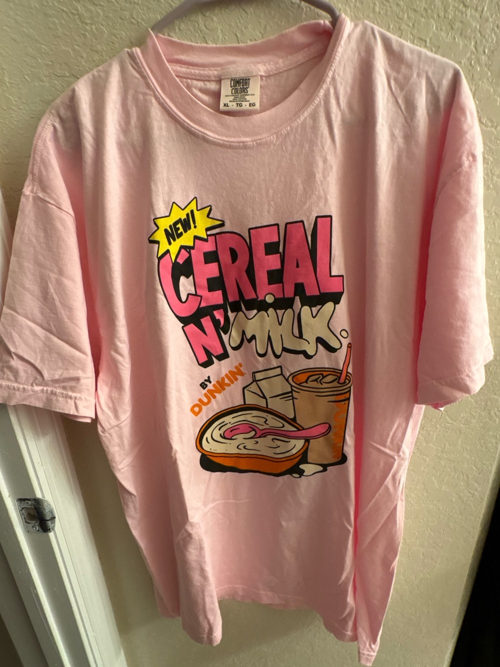 Dunkin Donuts Comfort Colors Pink Adult Cereal N' Milk Graphic Tee NEW! No Tags!